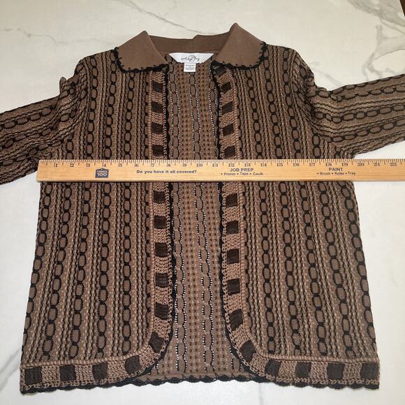 Ming Wang Sweater Cardigan Brown Black Open Front Metallic Thread Sz S Career - Picture 5 of 12
